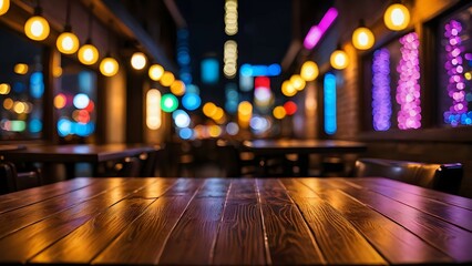 Obraz premium Empty wooden table at night with blurred city lights and warm lighting, perfect for product placement or showcasing a drink.