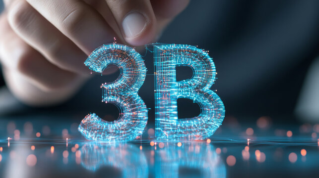 3B digital representation with glowing lines and dots, showcasing technology and innovation. hand interacts with 3D number, symbolizing progress and creativity