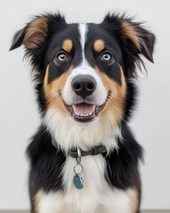 Fototapeta premium Smiling Australian Shepherd dog with collar on white background.
