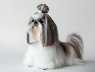 Shih Tzu with styled topknot on white background.