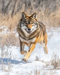Fototapeta premium A coyote running through snow-covered terrain, showcasing its agility and natural habitat.