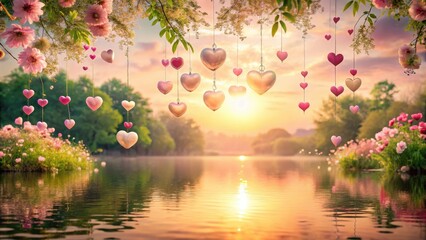 Delicate floating hearts in a soft pink hue suspended above a serene lake at sunset, surrounded by lush greenery and vibrant flowers, Nature, Abstract Background