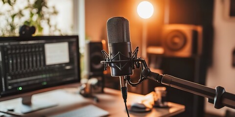 A cozy recording studio setup featuring a microphone, computer screen with audio software, and warm lighting, perfect for music production or podcasting.