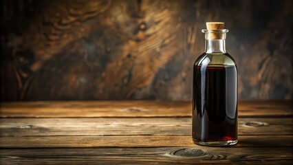 Dark liquid in glass bottle on wooden table , natural oil, food product,  natural oil