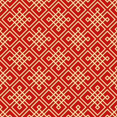 Geometric Chinese ornament seamless pattern. Chinese oriental background. Traditional Asian red and gold tone design. Vector design for wallpaper, wrapping paper, backdrop, fabric, woven and textile.