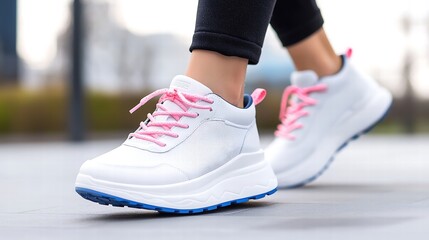 A dynamic close-up of fashionable high-top sneakers, captured in mid-action as the model is walking, showcasing the footwears sleek design and vibrant colors. The blurred background mimics movement,