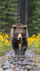 Obraz premium A bear walking through a stream surrounded by vibrant flowers in a lush forest setting.
