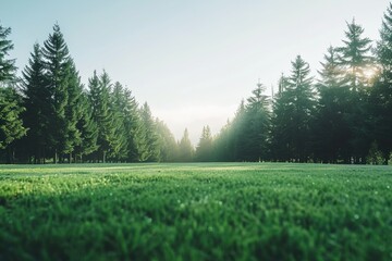 Fototapeta premium A pristine green lawn leading up to a dense line of coniferous trees, with sunlight filtering through their branches.