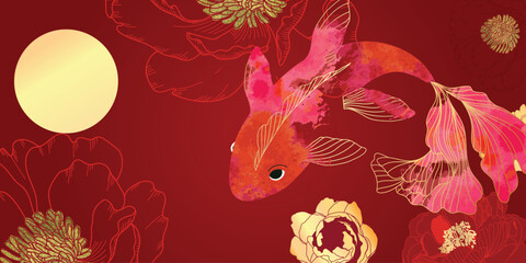 Chinese New Year background vector. Chinese and Japanese wallpaper pattern design of elegant watercolor koi fish, peony flower. Design illustration for decoration, wall decor, banner, website, ads. © babeer