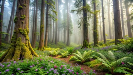 Fototapeta premium Misty forest with tall trees covered in moss and ferns, and wildflowers blooming along the forest floor , scenery, wildflowers