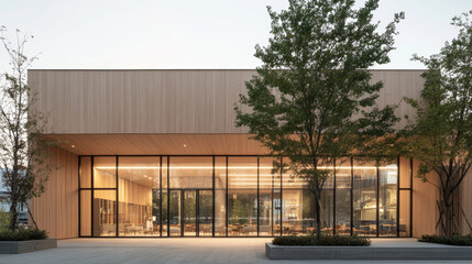 Obraz premium Modern wooden building with large glass windows and surrounding trees, showcasing contemporary architecture and inviting ambiance