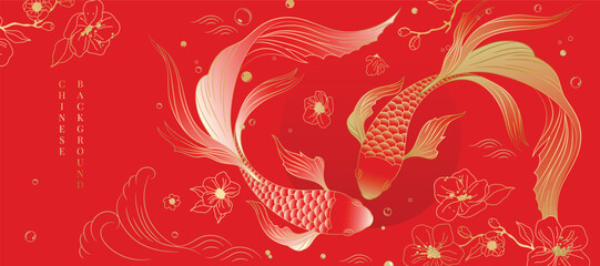 Chinese New Year background vector. Chinese and Japanese wallpaper pattern design of elegant koi fish, flower. Design illustration for decoration, wall decor, banner, website, ads.