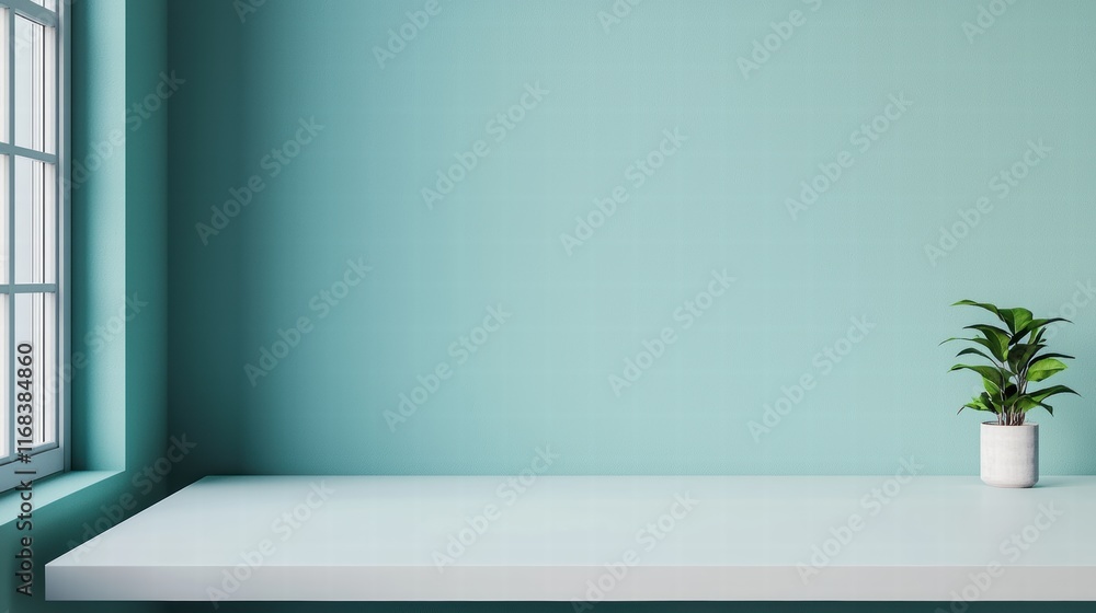 Poster minimalist office interior with empty table and plant showing structured design