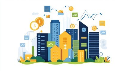 Naklejka premium Abstract business background featuring skyscrapers, financial graphs, and digital elements symbolizing commerce, corporate growth, and modern economic strategies.