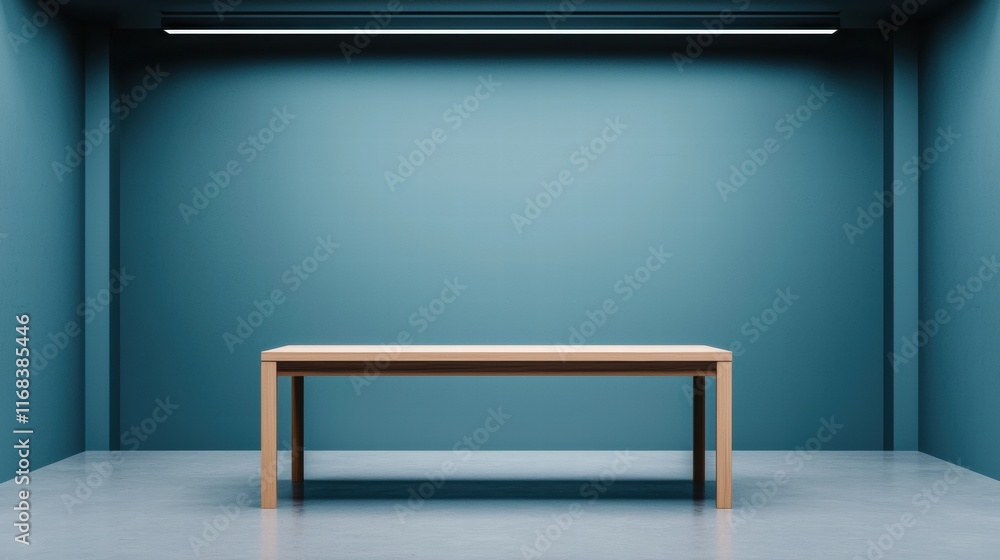 Poster minimalist office with empty table and blue walls featuring sleek design