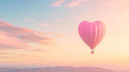 Obraz premium Romance in the Skies: Heart-Shaped Hot Air Balloon Drifting over Pastel Sunrise Hills - Cinematic Valentine Artwork