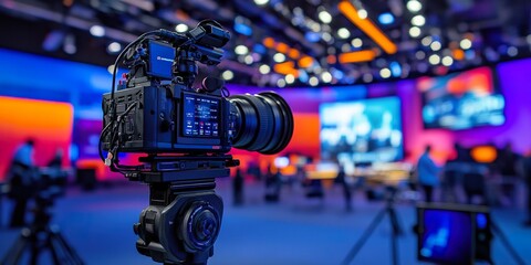A camera is prominently displayed in a vibrant studio with colorful lighting and blurred activity in the background, suggesting a professional filming environment.