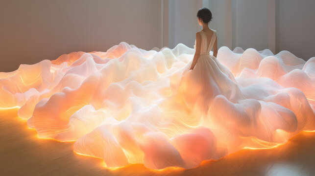 woman in flowing white dress stands on luminous, cloud like fabric. soft, wavy texture and warm glow create dreamy atmosphere, evoking elegance and serenity