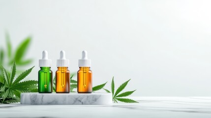 Three dropper bottles on a marble surface with green leaves.