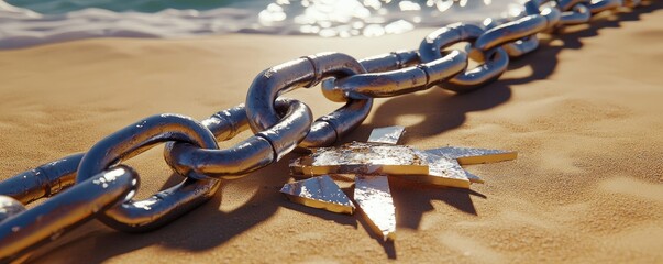 A metallic chain lies on sandy ground, reflecting light, with a broken star-shaped piece nearby.