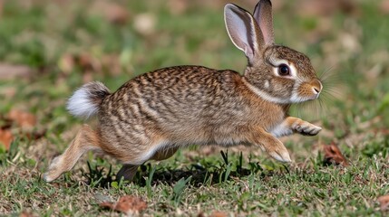 Fototapeta premium A rabbit gracefully leaps across a grassy field, showcasing its agility and natural beauty.