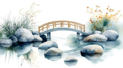 Tranquil bridge over still water nature scene zen garden serenity