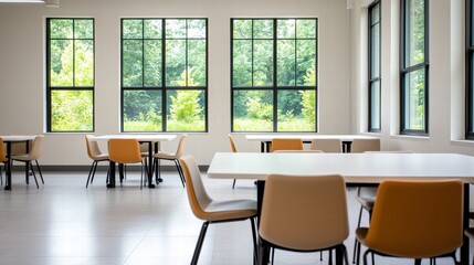 Fototapeta premium Modern office layout with empty tables and chairs by large windows