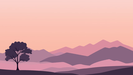 Flat Design Illustration of Mountain Hill Nature Landscape with Tree in the Morning