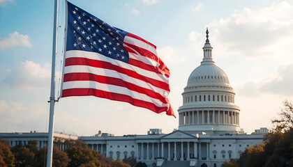 American flag flying for US President's Day celebration with Capitol building. Us capitol building in state
