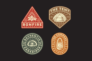 campfire, dome camping tent, compass with key chain, carabiner D shape, bonfire, navigation retro badge logo vector design collection set for adventure, explorer, mountaineer, hiker and climber