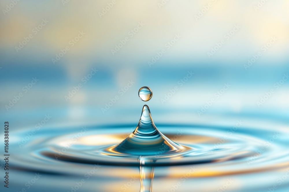 Poster water droplet forming a ripple on a calm surface with soft blurred background.