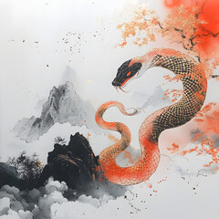 Ink wash freehand painting of red snakes and mountains
