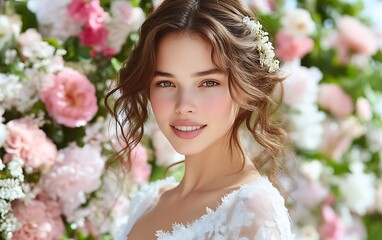 Fototapeta premium Beautiful bride with floral hairstyle and makeup, smiling.