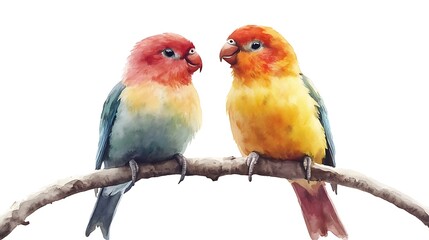 Fototapeta premium Colorful parrots perched on branch artistic illustration bright mood