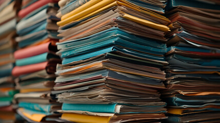 Stacks of colorful files and documents create vibrant office scene, showcasing organization and importance of paperwork in daily tasks