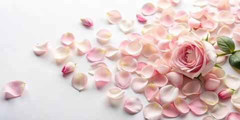 Obraz premium Soft pastel pink rose petals scattered on a white background with a few stems and leaves , elegance, gentle, elegance, gentle