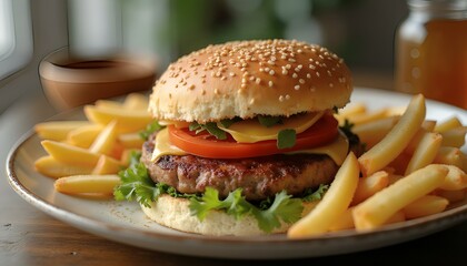 Juicy beef burger with sesame seed bun, melted cheese, tomato, and fresh lettuce served with golden french fries on a plate.