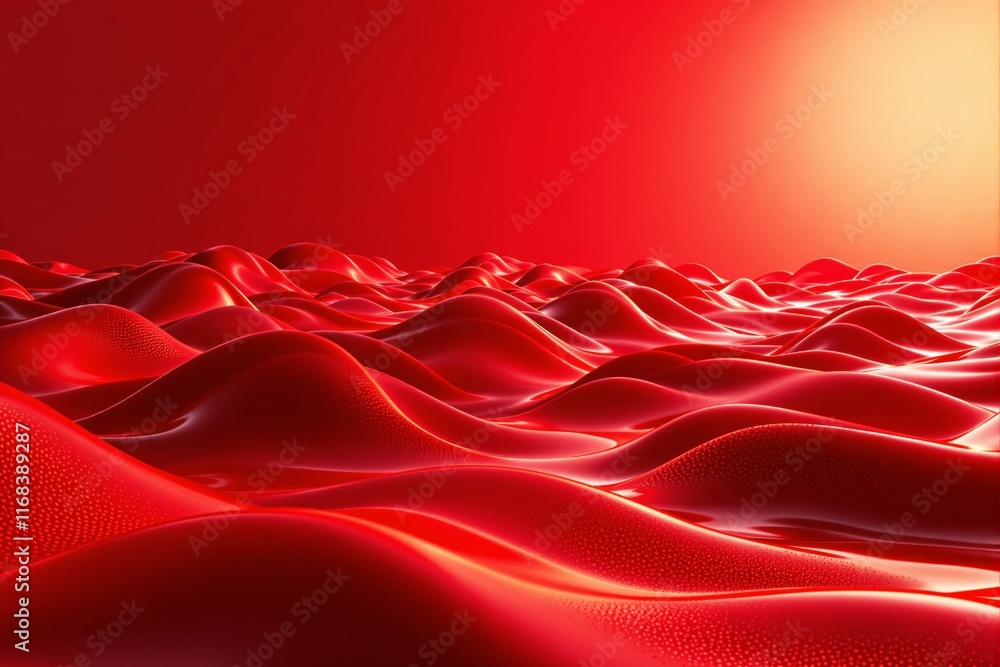 Poster Abstract red wavy surface illuminated by bright yellow light, creating a vibrant and dynamic glowing background.