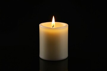 Illuminated candle in dark background, glowing softly with warm light.