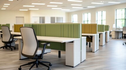 Fototapeta premium Modern office space with empty desks and ergonomic chairs