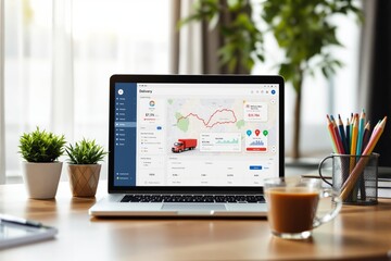 Laptop displaying delivery management interface with charts and maps on wood desk with plants, colorful pencils, and coffee cup.