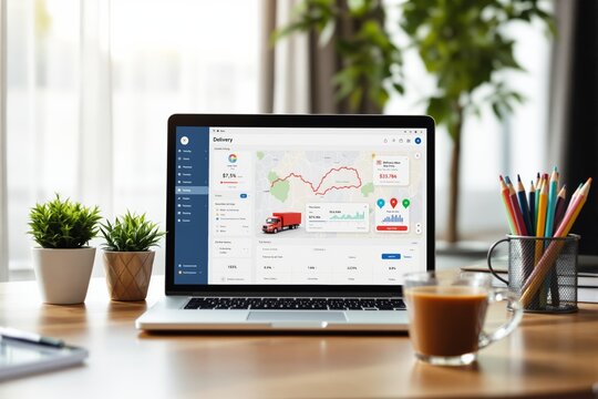 Laptop displaying delivery management interface with charts and maps on wood desk with plants, colorful pencils, and coffee cup.