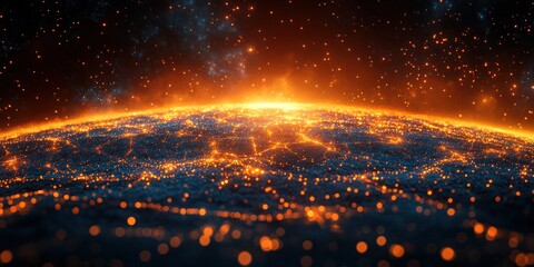 Global Connectivity in Digital Globe with Sunrise Glow: Business, Finance, Telecom, Trade, and Technology