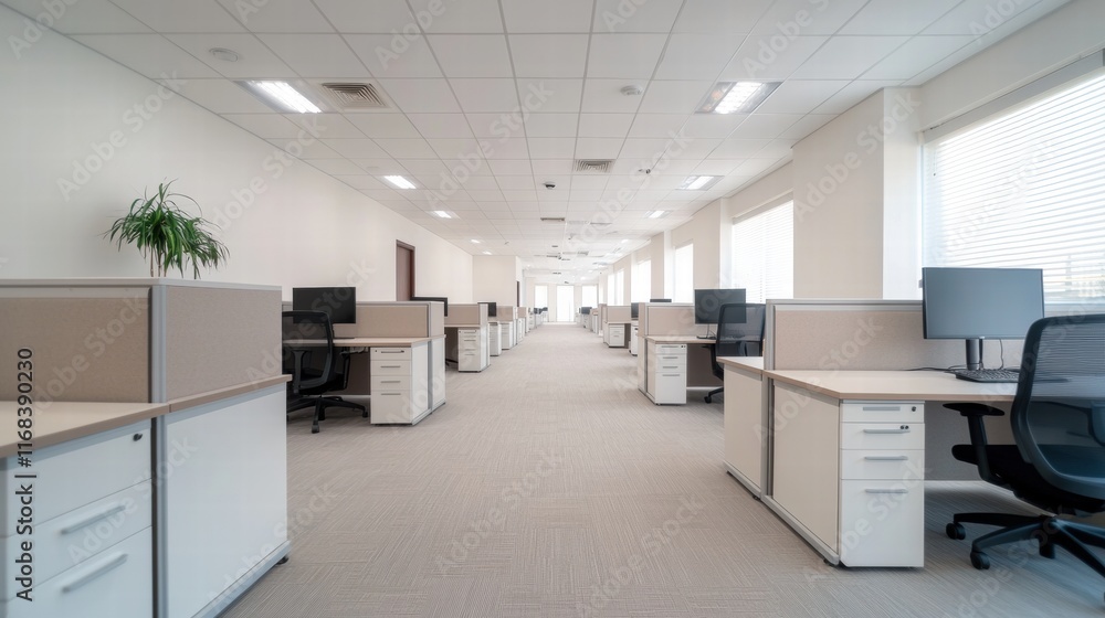 Poster Open space office with rows of desks and computers featuring seamless technology integration