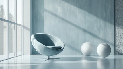 Modern minimalist room with blue chair and spheres.
