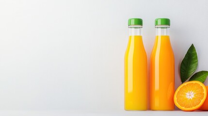 Two bottles of orange juice with a fresh orange slice and leaves.