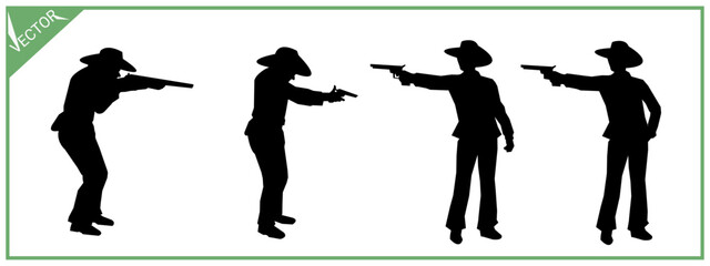 Cowboy silhouette shooting with gun. Action, Sport. Different poses. Illustration. © farydraw