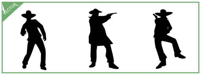 Cowboy silhouette shooting with gun. Action, Sport. Different poses. Illustration.
