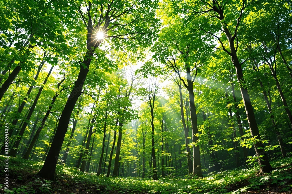 Aufkleber sunlight filtering through lush green forest trees creating a serene and vibrant natural background.