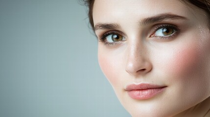 Fototapeta premium An intense close-up of a model gazing confidently towards the camera, her lips slightly parted as if mid-sentence. The lighting accentuates her cheekbones and gives depth to her skin tone, creating